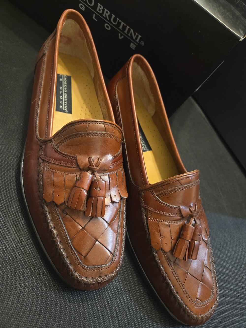 Giorgio Brutini Men's Leather Tassel Loafers Size 10.5D Brown Woven Luxury